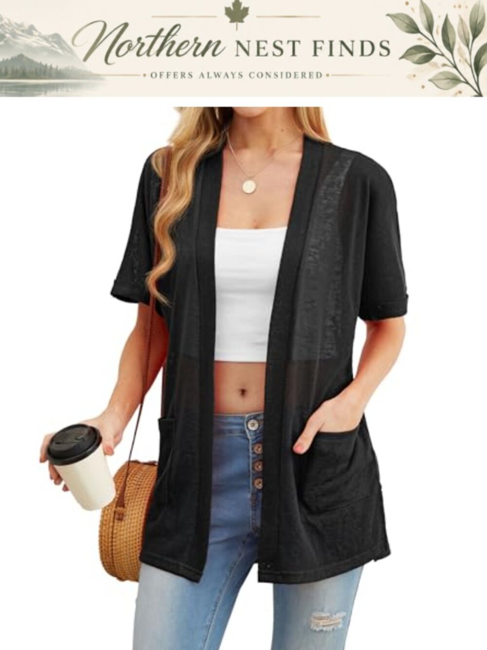 PrinStory Women's Open Front Short Sleeve Split Hem Lightweight Cardigan with